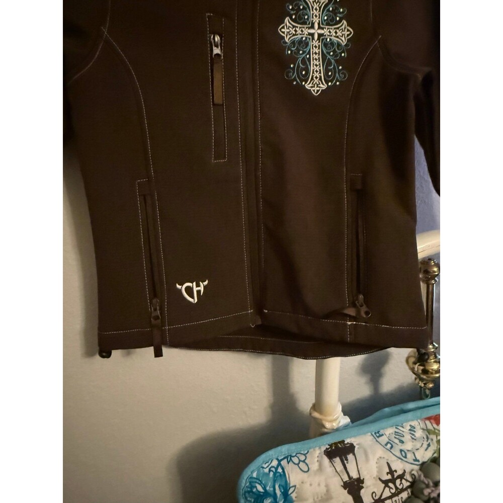 Cowgirl Hardware Girls 7/8 Jacket Brown Western Cross Embroidered Softshell - Picture 3 of 9